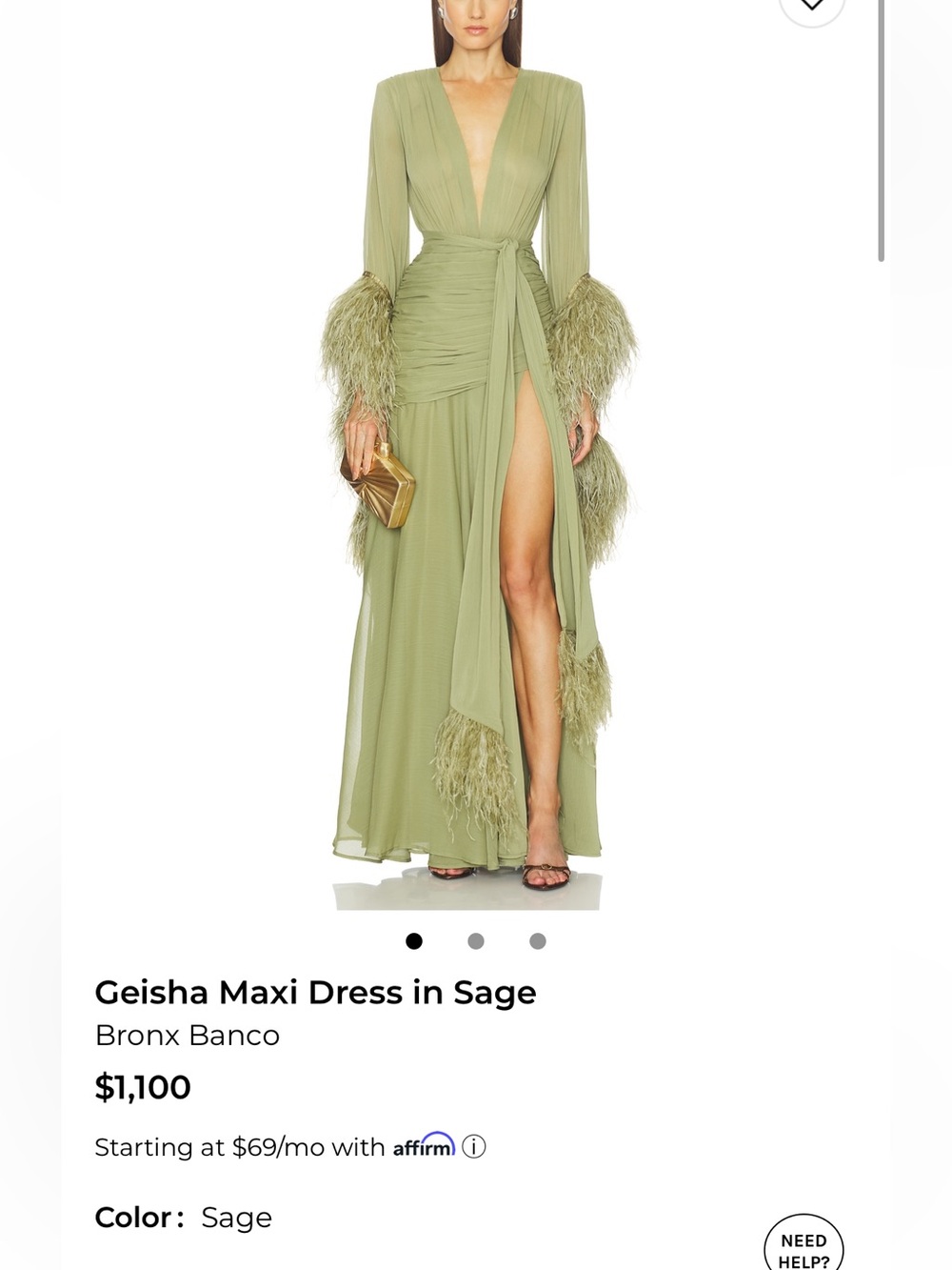 Bronx and Banco Geisha Sage Maxi Dress with Feather Trim
